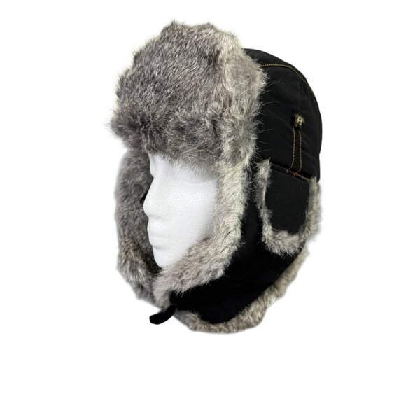 Mad Bomber Rabbit Fur Trapper Hat Size Small Black Chin Strap Ear Flaps Hunting - Picture 1 of 13